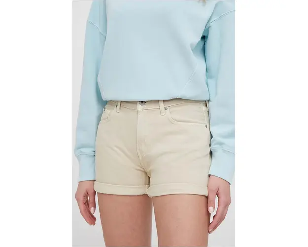 Pepe Jeans pantaloni scurti jeans femei, culoarea bej, neted, high waist