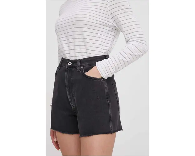 Pepe Jeans pantaloni scurti jeans femei, culoarea negru, neted, high waist