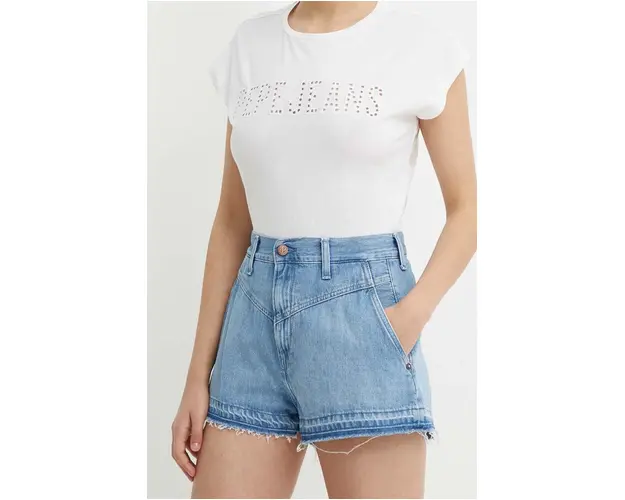 Pepe Jeans pantaloni scurti jeans A-LINE SHORT UHW SKY femei, neted, high waist, PL801114