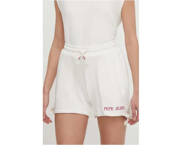 Pepe Jeans pantaloni scurti din bumbac Kendall culoarea bej, cu imprimeu, high waist