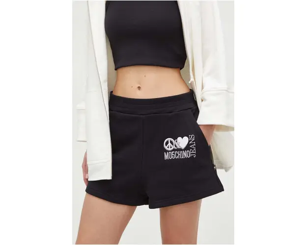Moschino Jeans pantaloni scurti din bumbac culoarea negru, cu imprimeu, high waist
