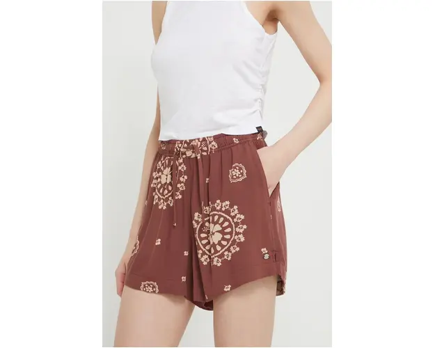 Roxy pantaloni scurti Lekeitio femei, culoarea maro, cu model, high waist ERJNS03508