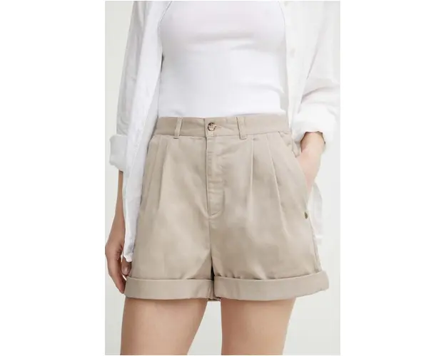 Volcom pantaloni scurti femei, culoarea bej, neted, high waist