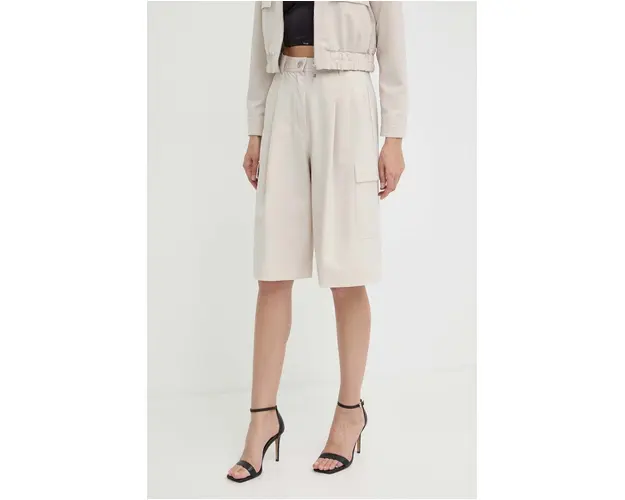 Marella pantaloni scurti femei, culoarea bej, neted, high waist, 2413131025200