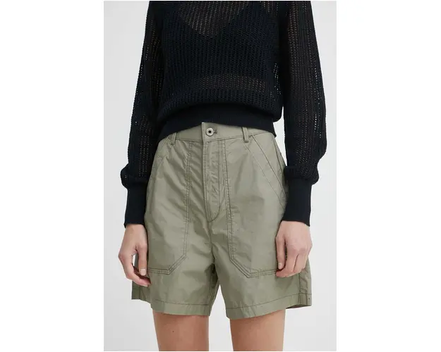 G-Star Raw pantaloni scurti din bumbac culoarea verde, neted, high waist
