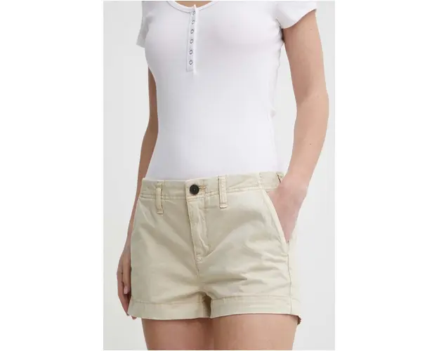 Superdry pantaloni scurti femei, culoarea bej, neted, high waist