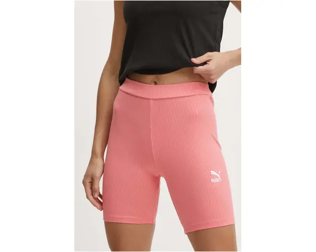Puma pantaloni scurti femei, culoarea roz, cu imprimeu, high waist, 624267