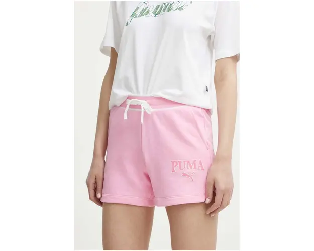 Puma pantaloni scurti SQUAD femei, culoarea roz, cu imprimeu, high waist, 678704