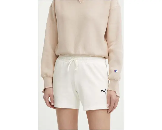 Puma pantaloni scurti din bumbac BETTER ESSENTIALS culoarea bej, neted, high waist, 680974