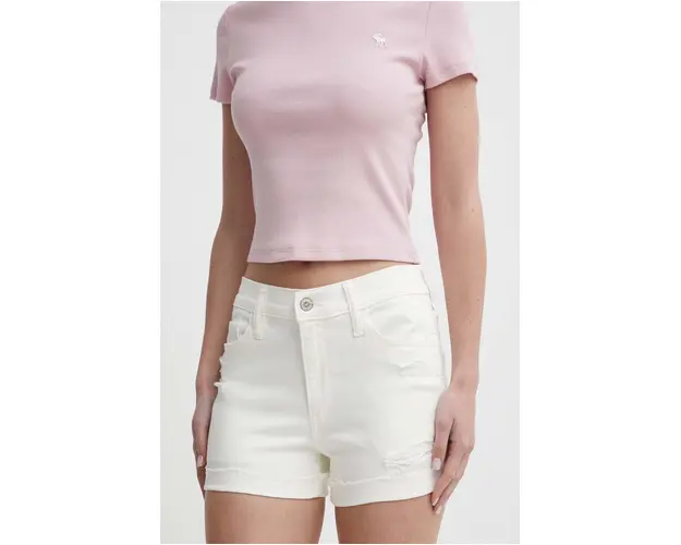 Hollister Co. pantaloni scurti jeans femei, culoarea bej, neted, high waist