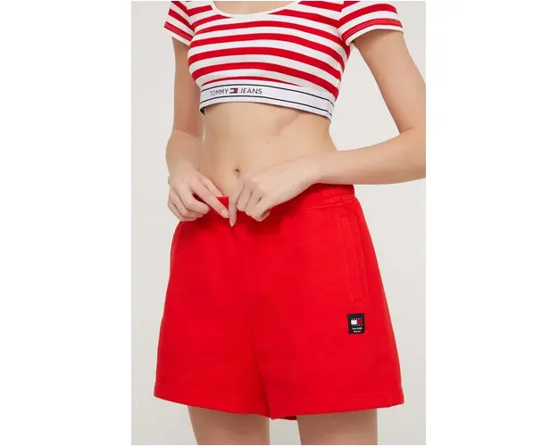 Tommy Jeans pantaloni scurti din bumbac culoarea rosu, uni, high waist DW0DW17772