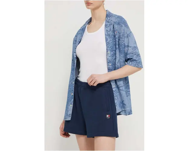 Tommy Jeans pantaloni scurti din bumbac culoarea bleumarin, uni, high waist DW0DW17772