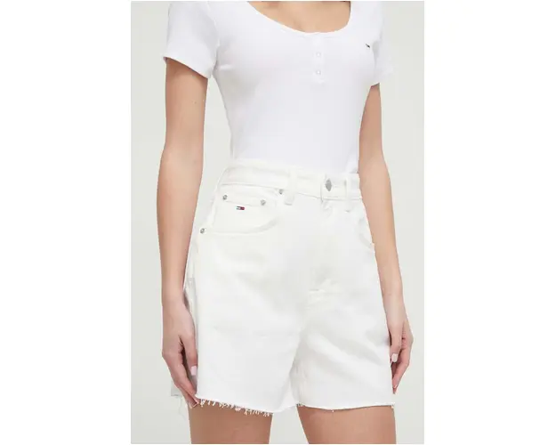 Tommy Jeans pantaloni scurti femei, culoarea bej, uni, high waist DW0DW17779