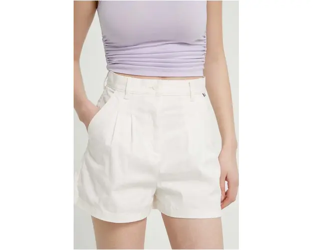 Tommy Jeans pantaloni scurti femei, culoarea bej, uni, high waist, DW0DW17775