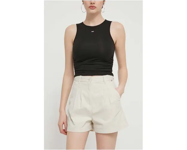 Tommy Jeans pantaloni scurti femei, culoarea bej, uni, high waist, DW0DW17775