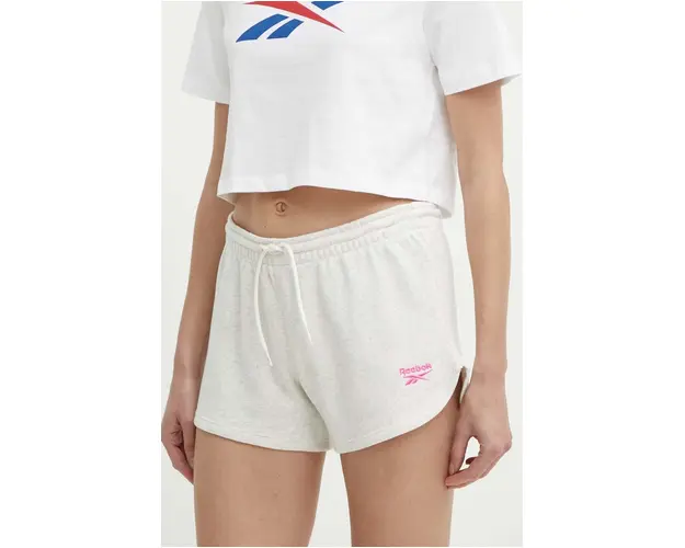 Reebok pantaloni scurti femei, culoarea bej, melanj, medium waist, 100075989