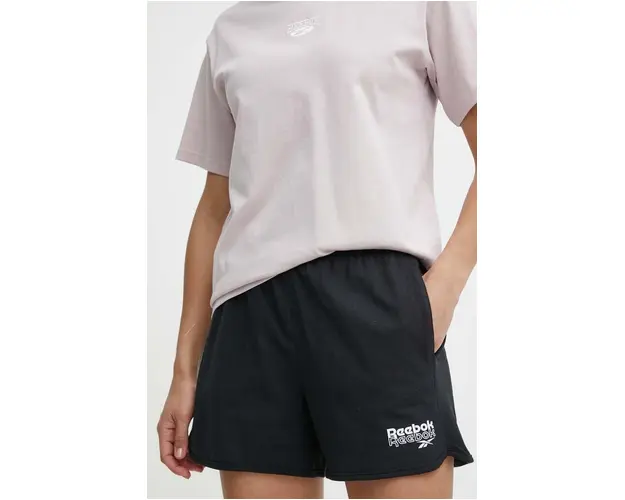 Reebok pantaloni scurti din bumbac culoarea negru, cu imprimeu, high waist, 100075406