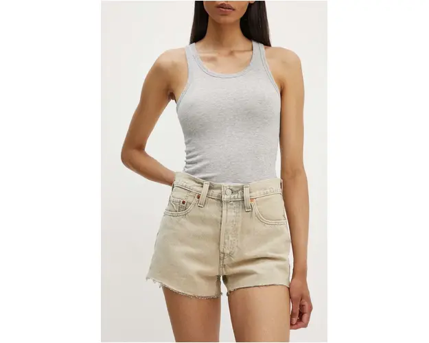 Levi's pantaloni scurti jeans femei, culoarea bej, neted, high waist