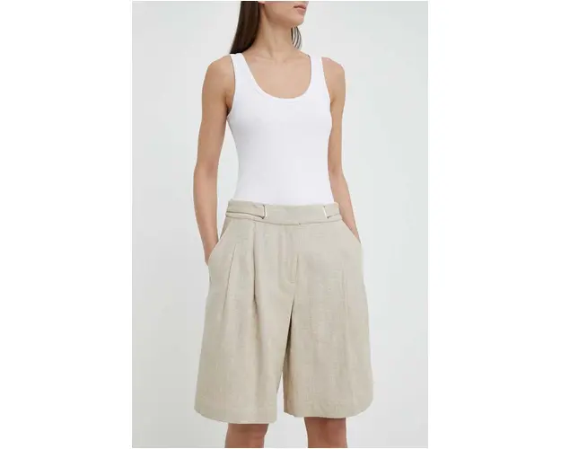 Remain pantaloni scurti din in culoarea bej, neted, high waist
