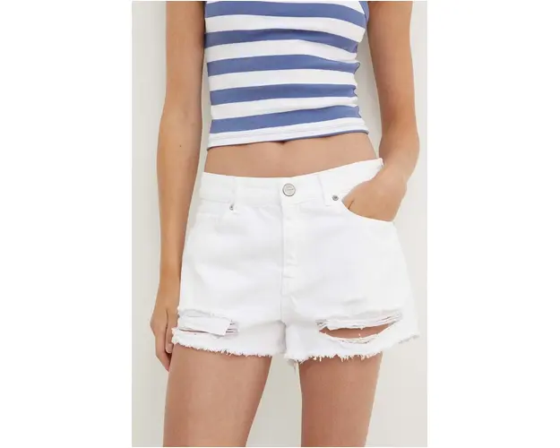 Sixth June pantaloni scurti jeans femei, culoarea alb, neted, high waist