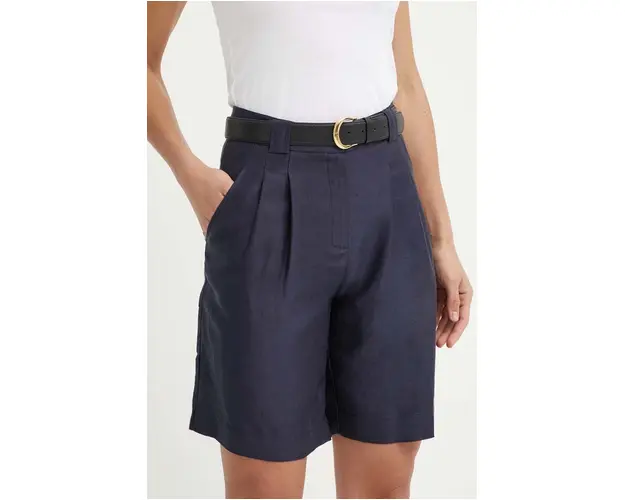 La Petite Française pantaloni scurti din amestec de in SAVOUREUX culoarea albastru marin, neted, high waist