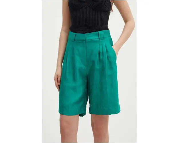 La Petite Française pantaloni scurti din amestec de in SAVOUREUX culoarea verde, neted, high waist
