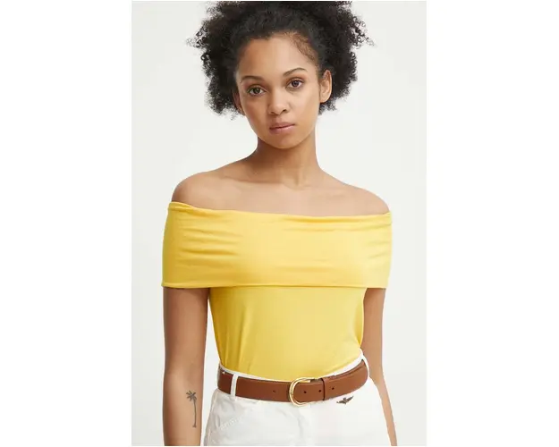 Sisley top femei, culoarea galben, decolteu spaniol