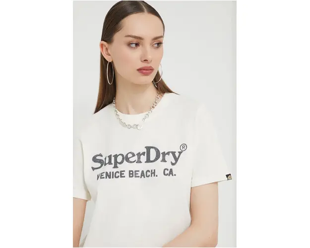 Superdry tricou din bumbac femei, culoarea bej