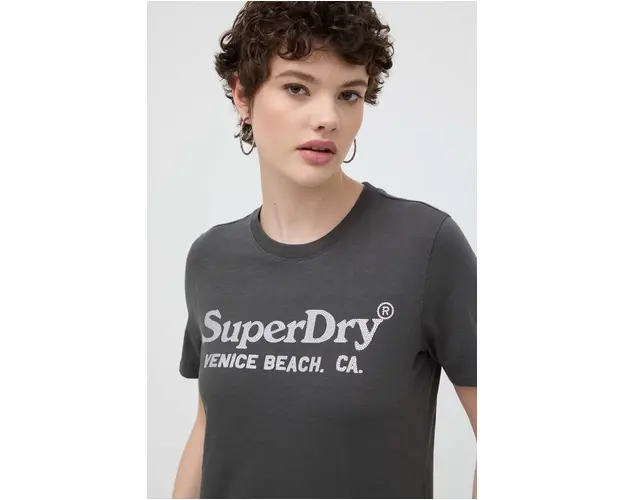 Superdry tricou din bumbac femei, culoarea gri