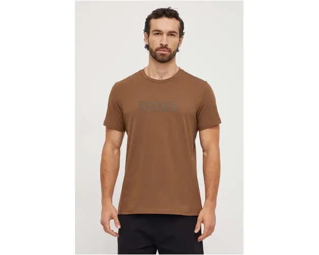 BOSS tricou din bumbac barbati, culoarea maro, cu imprimeu, 50503276