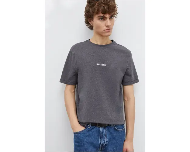 Les Deux tricou din bumbac barbati, culoarea gri, cu imprimeu