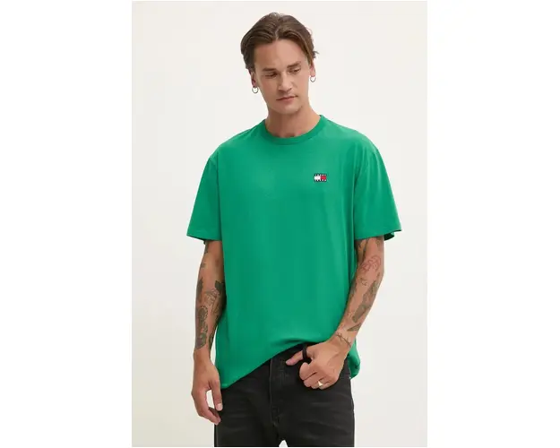 Tommy Jeans tricou din bumbac barbati, culoarea verde, neted, DM0DM17995
