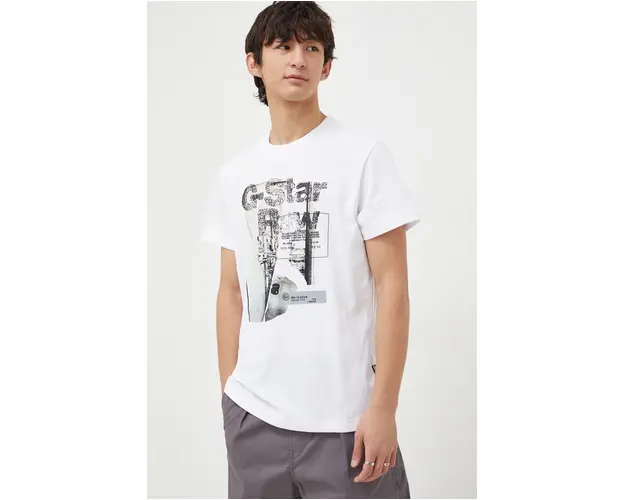 G-Star Raw tricou din bumbac barbati, culoarea alb, cu imprimeu