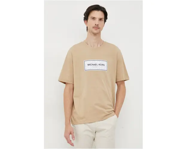 Michael Kors tricou din bumbac barbati, culoarea bej, cu imprimeu
