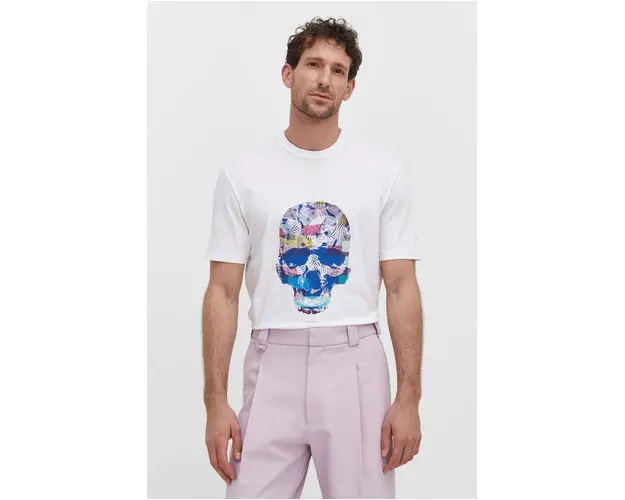 PS Paul Smith tricou din bumbac barbati, culoarea alb, cu imprimeu