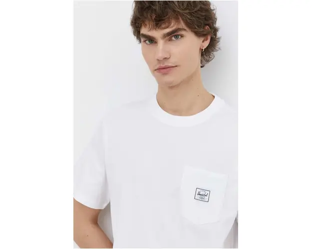 Herschel tricou din bumbac barbati, culoarea alb, neted