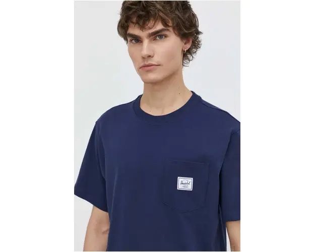 Herschel tricou din bumbac barbati, culoarea albastru marin, neted