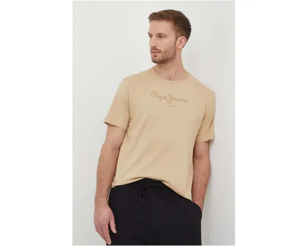Pepe Jeans tricou din bumbac Eggo barbati, culoarea bej, cu imprimeu