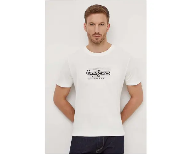 Pepe Jeans tricou din bumbac Castle barbati, culoarea bej, cu imprimeu