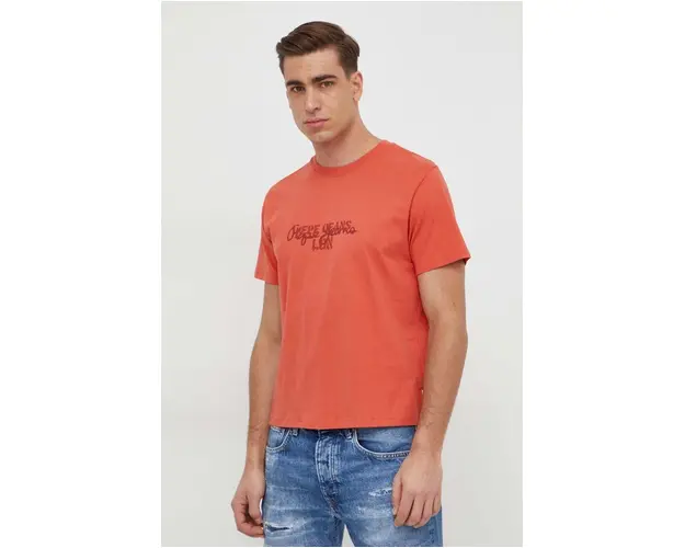 Pepe Jeans tricou din bumbac Chris barbati, culoarea portocaliu, cu imprimeu