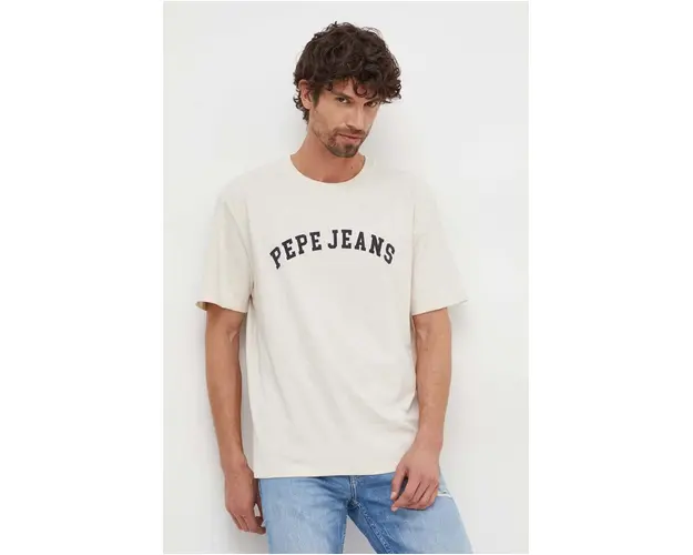 Pepe Jeans tricou din bumbac barbati, culoarea bej, cu imprimeu