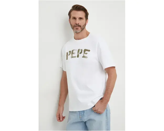 Pepe Jeans tricou din bumbac barbati, culoarea alb, cu imprimeu