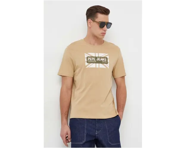 Pepe Jeans tricou din bumbac barbati, culoarea bej, cu imprimeu