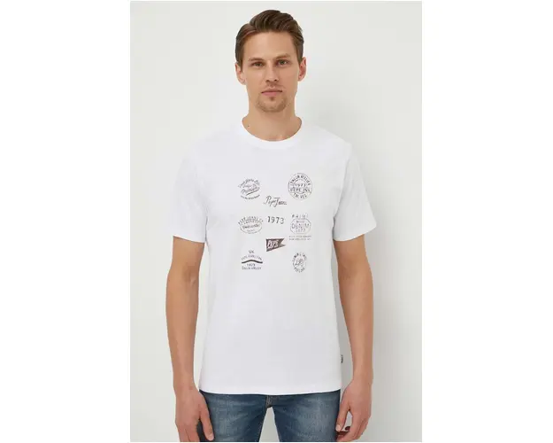 Pepe Jeans tricou din bumbac barbati, culoarea alb, cu imprimeu