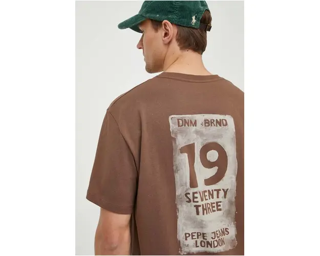 Pepe Jeans tricou din bumbac barbati, culoarea maro, cu imprimeu