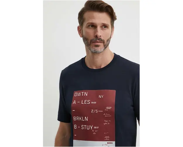 BOSS tricou din bumbac barbati, culoarea bleumarin, cu imprimeu, 50512131