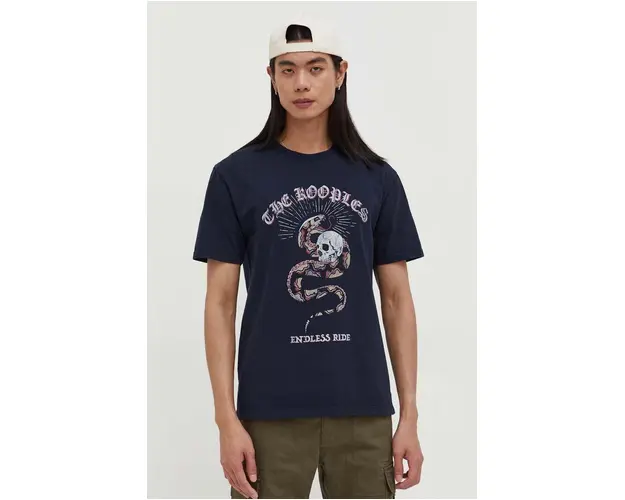 The Kooples tricou din bumbac barbati, culoarea albastru marin, cu imprimeu