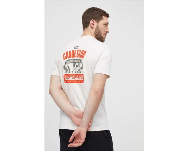 Napapijri tricou din bumbac barbati, culoarea bej, cu imprimeu