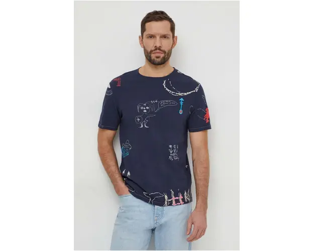 Desigual tricou din bumbac barbati, culoarea albastru marin, modelator