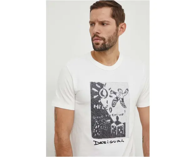 Desigual tricou din bumbac barbati, culoarea bej, cu imprimeu